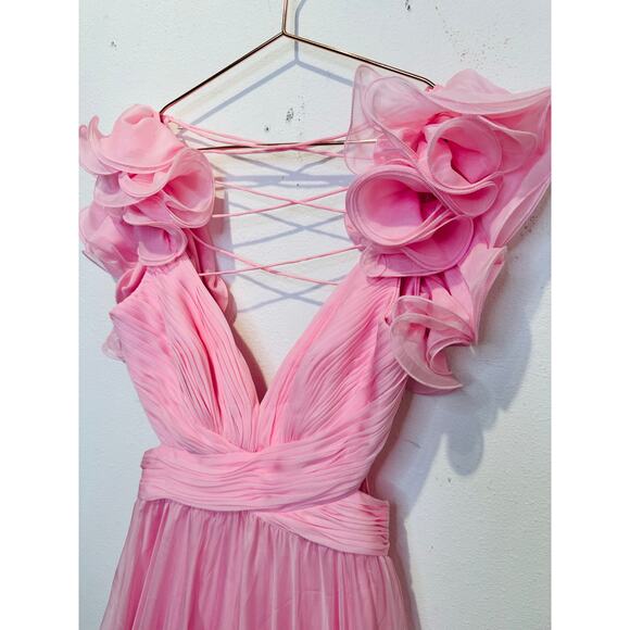 MAC DUGGAL Blush Pink Ruffle Tiered Cut-Out Back Lace Up Maxi Dress Size 2 NWT - Picture 6 of 12